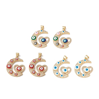 Rack Plating Brass Enamel Pendants, with Cubic Zirconia, Moon with Heart & Evil Eye, Real 18K Gold Plated, Long-Lasting Plated, Mixed Color, 28x23x4mm, Hole: 4x3.5mm