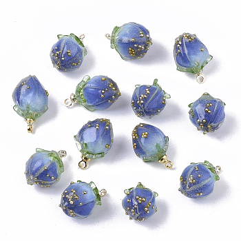 Handmade Flower Epoxy Resin Pendants, with Brass Peg Bails and Glass Micro Beads, Bud, Golden, Royal Blue, 14~15x9~10x9~10mm, Hole: 1.2mm