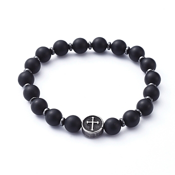 Natural Black Agate(Dyed) Beads Stretch Bracelets, with Non-Magnetic Synthetic Hematite Beads and Flat Round with Cross 304 Stainless Steel Beads, Stainless Steel Color, Inner Diameter: 1-7/8 inch(4.9cm)
