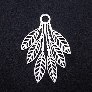 201 Stainless Steel Pendants, Filigree Joiners Findings, Laser Cut, Leaf, Stainless Steel Color, 49x35.5x1mm, Hole: 5mm