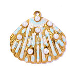 304 Stainless Steel Enamel Pendants, Shell Shape Charms, with ABS Imitation Pearl, Ion Plating(IP), Real 18K Gold Plated, White, 29x28mm, Hole: 1.8mm(STAS-OY017-15G)