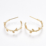Brass Stud Earring Findings, Half Hoop Earrings, For Half Drilled Beads, Branch, Nickel Free, Real 18K Gold Plated, 23x8mm, Pin: 0.8mm(KK-T038-302G)
