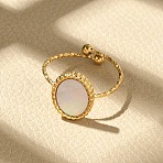 Oval 304 Stainless Steel White Shell Cuff Rings for Women, Ion Plating(IP), Real 18K Gold Plated, 13x10.5mm, Inner Diameter: Adjustable(RJEW-G346-07G-02)
