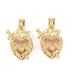 Brass Pendants, with Faceted Glass, Heart with Rose Flower & Sword Charms, Long-Lasting Plated, Cadmium Free & Lead Free, Golden, Golden, 20x15x7.5mm, Hole: 6x4mm(kk-P343-09E-G)
