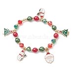 Alloy Enamel Santa Claus Christmas Tree Charm Bracelets, Electroplated Glass Beaded Stretch Bracelets for Women Men, Light Gold, Inner Diameter: 2-1/4 inch(5.65cm)(X1-BJEW-TA00465)