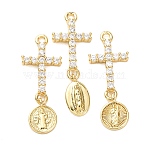 Brass Micro Pave Clear Cubic Zirconia Pendants, Rack Plating, Long-Lasting Plated, Lead Free & Cadmium Free, Cross & Saint, Real 18K Gold Plated, 29~31.5x11x3mm, Hole: 1.8mm(KK-K408-59G)