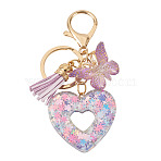 Heart with Butterfly Resin Keychains, with Zinc Alloy Findings & Lobster Claw Clasps, Light Gold, Dark Orchid, 90~100mm(KEYC-TADJ0001-01F)
