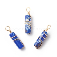 Natural Imperial Jasper Pendants, with Golden Tone Copper Wire Wrapped, Column Charm, Dyed, 18.5~20x5~5.5mm, Hole: 2.5mm(PALLOY-JF01817-08)
