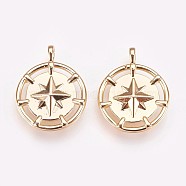 Brass Pendants, Nickel Free, Compass, Real Real 18K Gold Plated, 19.8x16x3.5mm, Hole: 1x1.5mm(KK-P157-42G-NF)
