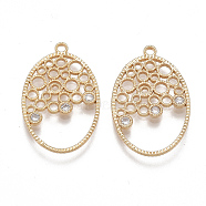 Brass Filigree Pendants, Nickel Free, Real 18K Gold Plated, with Cubic Zirconia, Oval, Clear, 25x16x1.5mm, Hole: 1.6mm(KK-T038-344G-01)