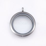 304 Stainless Steel Magnetic Floating Locket Pendants, with Glass, Flat Round, Clear, Stainless Steel Color, 37x30x6.5mm, Hole: 4.5mm, Inner Diameter: 23mm(STAS-O103-35P)