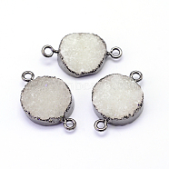 Natural Drusy Agate Flat Round Links connectors, with Gunmetal Tone Plated Brass Finding, 20~22x26~29x5~6mm, Hole: 2mm(G-P090-19)