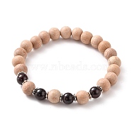 Round Natural Garnet Beaded Stretch Bracelets, with Natural Wood Beads and Alloy Spacer Beads, Inner Diameter: 2-1/4 inch(5.6cm)(BJEW-JB05607-01)