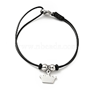 304 Stainless Steel Crown Charm Bracelet with Waxed Cord for Women, Stainless Steel Color, 7 inch(17.8cm)(BJEW-A125-19)