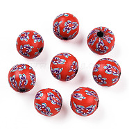 Handmade Polymer Clay Beads, Round with Flower Pattern, FireBrick, 10mm, Hole: 1.5~2mm(CLAY-T020-39F)