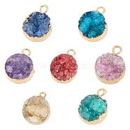 7Pcs 7 Colors Natural Druzy Agate Pendants, with Real 18K Gold Plated Brass Finding, Long-Lasting Plated, Flat Round, Dyed, Mixed Color, 18~20x14x5~10mm, Hole: 2~3mm, 1pc/color(G-PH0001-35)