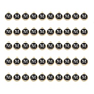 Golden Plated Alloy Charms, with Enamel, Enamelled Sequins, Flat Round, Black, Letter.M, 14x12x2mm, Hole: 1.5mm, 50pcs/Box(ENAM-SZ0001-25B-M)