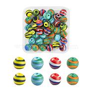 40Pcs 4 Colors Handmade Frosted Lampwork Beads, Stripe Beads, Round, Mixed Color, 11~12x10.5~11.5mm, Hole: 1.4mm, 10Pcs/Color, 40Pcs/Box(LAMP-LS0001-06)
