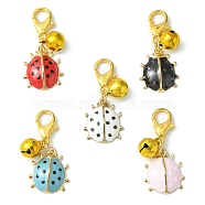 Ladybird Alloy Enamel Pendants Decoraiton, with Bell Charm and Zinc Alloy Lobster Claw Clasps, Mixed Color, 32mm, 5pcs/set(HJEW-JM01048)
