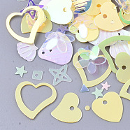 Ornament Accessories, PVC Plastic Paillette/Sequins Beads, Mixed Shapes, Yellow, 3~13x3~13x0.4~1.5mm, Hole: 0.9~1.4mm(PVC-N001-13G)