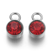 Glass Rhinestone Charms, Birthstone Charms, with Stainless Steel Color Tone 201 Stainless Steel Findings, Flat Round, Light Siam, 10x6x5mm, Hole: 2mm(STAS-F189-P11)