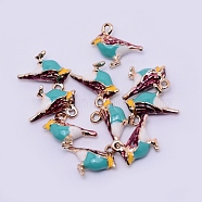 Alloy Enamel Pendants, Cadmium Free & Lead Free, Sparrow, Light Gold, Green, 14x15x5.5mm, Hole: 1.5mm(ENAM-WH0049-43B-RS)