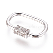 Brass Micro Pave Cubic Zirconia Screw Carabiner Lock Charms, for Necklaces Making, Oval, Clear, Platinum, 26.5x17~17.5mm(ZIRC-F105-03P)