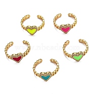 Brass Micro Pave Clear Cubic Zirconia Cuff Rings, Open Rings, with Enamel, Heart with Curb Chains, Real 18K Gold Plated, Mixed Color, US Size 8(18.1mm)(RJEW-B0007-01G)