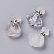 Rhombus Natural Quartz Crystal Perfume Bottle Pendants, Rock Crystal, Rock Crystal, with 304 Stainless Steel Findings, Faceted, Stainless Steel Color, 26~27x17~17.5x8~8.5mm, Hole: 1.4mm, Capacity: about 2ml(0.06 fl. oz)(G-H241-01C-P)
