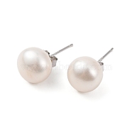 Natural Pearl Round Bead Stud Earrings, with Real Platinum Plated 925 Sterling Silver Findings, White, 18x9~10mm(EJEW-E298-01F-01P)