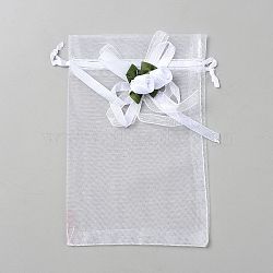 3D Flower Organza Drawstring Bags, Candy Storage Bags, Rectangle, White, 15.3x10x0.01cm(OP-WH2002-01B-01)