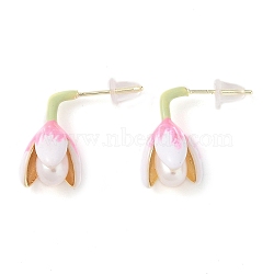 Flower Natural Pearl Stud Earrings, Brass Enamel Jewelry for Women, Real 14K Gold Plated, 19.5x10mm(EJEW-L286-05G)