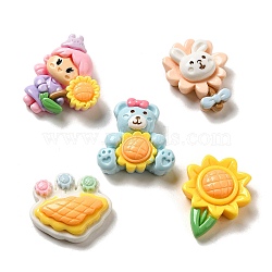 Opaque Cartoon Resin Decoden Cabochons, Girl with Sunflower & Bear with Sunflower & Rabbit with Sunflower, Mixed Shapes, Mixed Color, 19~24x17~21x5~8mm(RESI-G091-11)