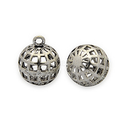 Brass Round Pendants, Hollow, Antique Silver, 16x13mm, Hole: 2mm(KK-J186-05AS)