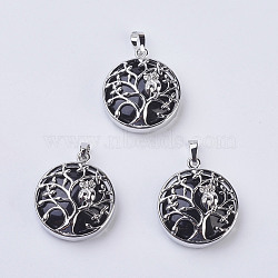 Natural Black Agate Pendants, with Brass Findings, Flat Round with Tree of Life, Platinum, 31~32x27x8~9mm, Hole: 5x7mm(G-K234-E02)