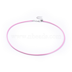 Waxed Cord Necklace Cords, with Platinum Color Zinc Alloy Lobster Clasps and Iron Chains, Pink, about 18.1 inch long, 2mm in diameter(NCOR-R027-9)