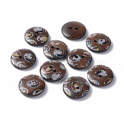 (Autumn Aesthetic Big Sale), Printed Wooden Buttons, 2-Hole, Dyed, Flat Round, Coconut Brown, 20x4mm, Hole: 2mm(BUTT-A024-32L-10A)