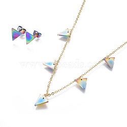 (Jewelry Parties Factory Sale), 304 Stainless Steel Jewelry Sets, Cable Chains Pendant Necklaces and Stud Earrings, with Ear Nuts/Earring Back, Triangle, Rainbow Color, 16.7 inch(42.6cm), 1.5mm, 8.5x8.5x1mm, Pin: 0.7mm(SJEW-F210-05G)