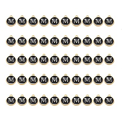 Golden Plated Alloy Charms, with Enamel, Enamelled Sequins, Flat Round, Black, Letter.M, 14x12x2mm, Hole: 1.5mm, 50pcs/Box(ENAM-SZ0001-25B-M)