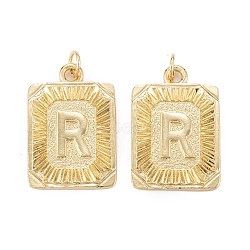 Brass Pendants, with Jump Ring, Long-Lasting Plated, Cadmium Free & Nickel Free & Lead Free, Rectangle with Alphabet, Real 18K Gold Plated, Letter.R, 23.5x16x2mm, Jump Ring: 5x0.7mm, 3.6mm Inner Diameter(KK-J279-58G-R)