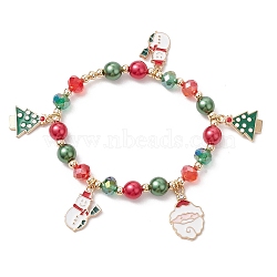 Alloy Enamel Santa Claus Christmas Tree Charm Bracelets, Electroplated Glass Beaded Stretch Bracelets for Women Men, Light Gold, Inner Diameter: 2-1/4 inch(5.65cm)(X1-BJEW-TA00465)