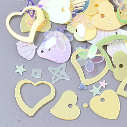 Ornament Accessories, PVC Plastic Paillette/Sequins Beads, Mixed Shapes, Yellow, 3~13x3~13x0.4~1.5mm, Hole: 0.9~1.4mm(PVC-N001-13G)