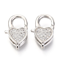 Brass Micro Pave Cubic Zirconia Lobster Claw Clasps, Heart, Platinum, 17x10x5mm, Hole: 1x2mm(ZIRC-O038-26P)