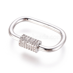 Brass Micro Pave Cubic Zirconia Screw Carabiner Lock Charms, for Necklaces Making, Oval, Clear, Platinum, 26.5x17~17.5mm(ZIRC-F105-03P)