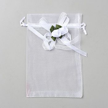 3D Flower Organza Drawstring Bags, Candy Storage Bags, Rectangle, White, 15.3x10x0.01cm