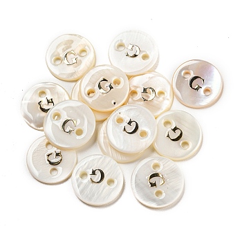 Freshwater Shell Buttons, Flat Round , Letter G, 12x2mm, Hole: 1.6mm