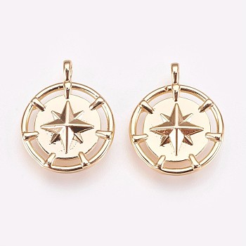 Brass Pendants, Nickel Free, Compass, Real Real 18K Gold Plated, 19.8x16x3.5mm, Hole: 1x1.5mm