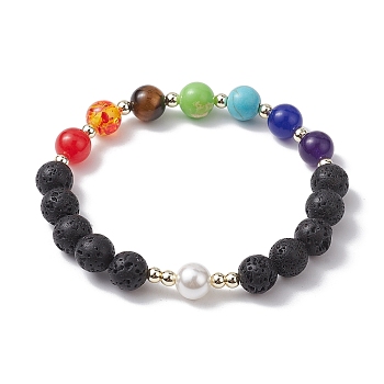 Chakra Theme Natural & Synthetic Mixed Gemstone Stretch Bracelet, with Shell Pearl Beads, Inner Diameter: 2-1/2 inch(6.3cm)