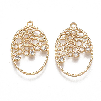 Brass Filigree Pendants, Nickel Free, Real 18K Gold Plated, with Cubic Zirconia, Oval, Clear, 25x16x1.5mm, Hole: 1.6mm