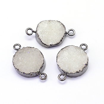 Natural Drusy Agate Flat Round Links connectors, with Gunmetal Tone Plated Brass Finding, 20~22x26~29x5~6mm, Hole: 2mm